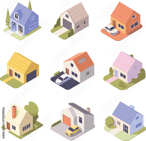 Isometric houses vector set, suburban homes, residential architecture, modern house design, real estate illustration, neighborhood 3D home pack