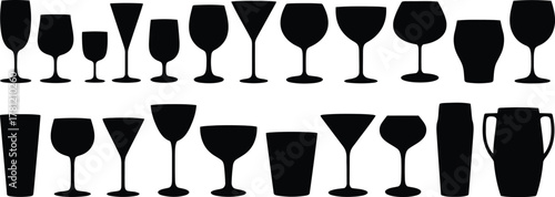 Black Silhouette Illustration of Wine Glasses, Champagne Flutes, Martini Glass and Various Drinking Vessels