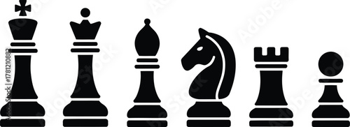 Isolated Black Chess Pieces Depicting King, Queen, Bishop, Knight, Rook, and Pawn