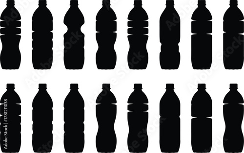 Plastic Bottle Silhouettes Row of Diverse Water Bottle Designs, Isolated on White