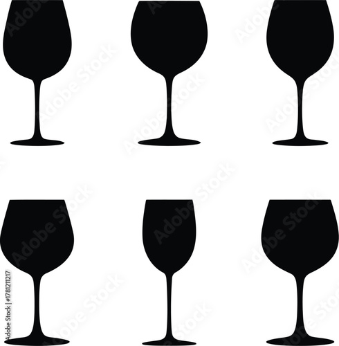 Silhouette Illustration of Six Wine Glasses Arranged on a White Background