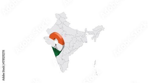 Location Goa on map India. 3d Goa State emblem map marker location pin. Map of India showing different parts. 4K.  Animated Video