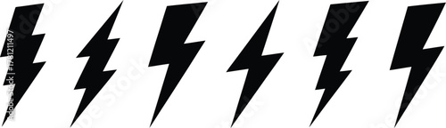 Six Black Lightning Bolt Silhouettes in a Row on a White Background Design