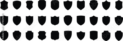 Thirty Black Shield Shape Variations in Rows, Design Elements for Protection, Heraldry
