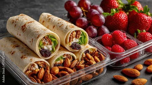 Fototapeta Naklejka Na Ścianę i Meble -  Fresh wraps with nuts, lettuce, and berries, served with almonds and fruits on dark background