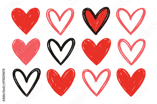 Set of hand-drawn hearts in doodle style for Valentine’s Day, love, wedding and romantic design. Trendy decorative elements for cards and stickers, vector illustration