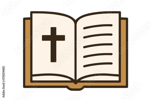Open Bible icon with cross symbol for Christian education, worship and church materials. Religious faith and scripture concept, vector illustration