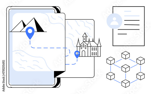 Tablet screen displaying a map linking mountains to a castle, user profile document, and blockchain network. Ideal for tourism, navigation, history, technology, digital profiles, blockchain simple