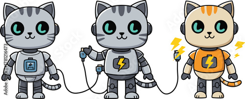 Cartoon robotic cats charging, vector technology illustration, electric pet concept, battery-powered feline bots, energy transfer scene, futuristic design, tech character art