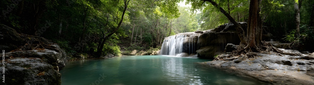 Fototapeta premium A beautiful panoramic view of a waterfall in a tropical jungle forest with a crystal clear pool