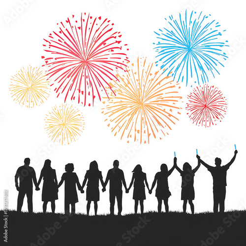 Silhouetted People Watching Colorful Fireworks celebration