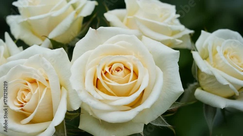 Close-up of Elegant White Roses with Creamy Centers, Blooming in a Garden Setting, Perfect for Wedding, Romance, and Floral Designs