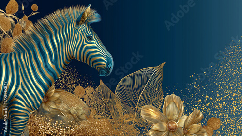 Luxury blue and gold zebra with golden flowers on dark elegant background with copy space
