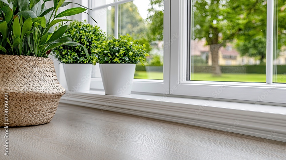 Fototapeta premium Close-up of a white bay window revealing reflections and soft light while featuring clean lines and a blurred backdrop of trees outside