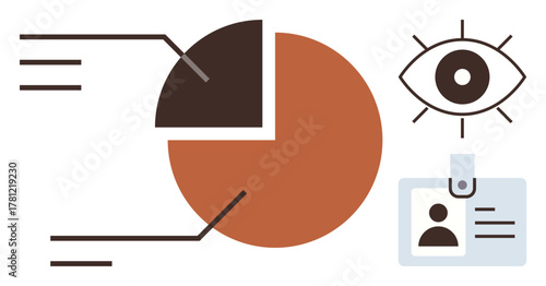 Brown pie chart with segmented part, eye diagram symbolizing observation, ID badge for identity. Ideal for data analytics, insights, security, identity, research monitoring visualization. Simple
