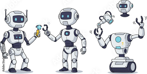 Cartoon robots interacting, futuristic machine characters, vector AI illustration, robot teamwork concept, playful technology scene, mechanical parts, character design art