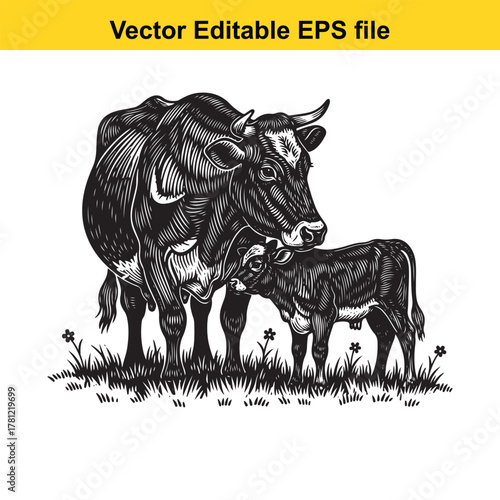 A detailed black and white illustration of a mother cow and her calf standing together in a grassy field, evoking a sense of pastoral life and farm animals