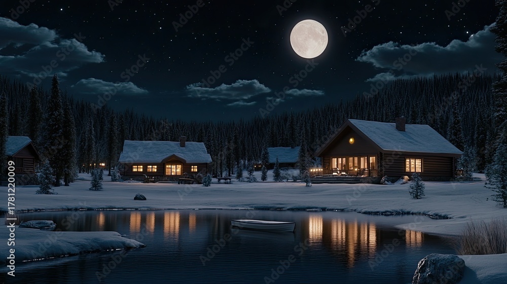 Fototapeta premium A serene lakehouse sits beside the water, glowing warmly from within under a full moon, surrounded by trees and gentle waves