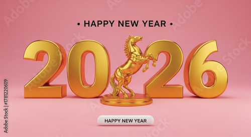A golden horse statue stands tall between the numbers 2026, symbolizing a happy new year celebration with prosperity, wealth, and success in the coming year.