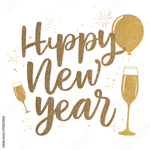 Glitter Happy New Year text with champagne glasses and balloon 