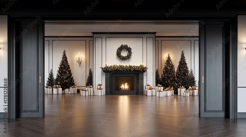 Fototapeta premium Large room features three decorated Christmas trees, a cozy fireplace, and presents arranged elegantly around the festive setting
