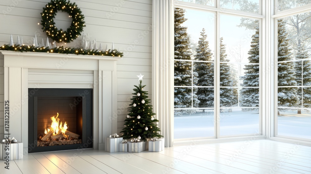 Fototapeta premium Large room features three decorated Christmas trees, a cozy fireplace, and presents arranged elegantly around the festive setting