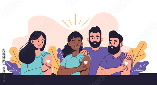 Diverse group of smiling friends showing their arms with heart-shaped bandages after receiving the covid-19 vaccination.
