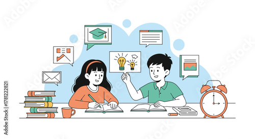 Two happy children studying together at a desk, sharing ideas and collaborating on homework with educational concept icons.