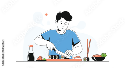 Happy young man preparing and cutting homemade sushi rolls with a sharp knife in a bright, modern kitchen illustration.