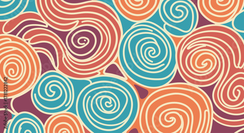 Colorful abstract seamless pattern with groovy, hand-drawn concentric swirls in a retro-inspired color palette design.