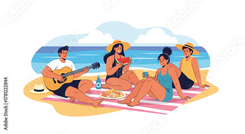 Group of happy young friends enjoying a summer beach picnic, playing guitar, eating watermelon, and relaxing by the sea.