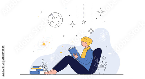 Person deeply engrossed in reading a book, with their imagination creating a magical universe of stars, planets, and galaxies.