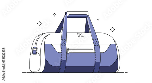 Modern and clean line art illustration of a stylish purple and white sports duffel bag for gym, travel, or weekend trips.