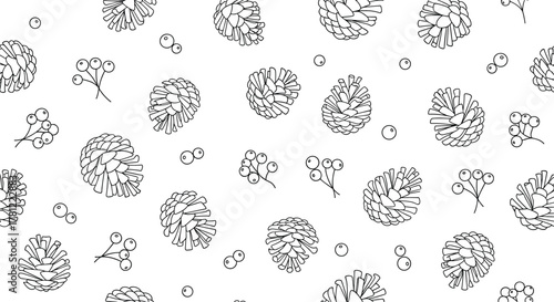 Simple black and white seamless pattern featuring hand-drawn pine cones and berries for a minimalist winter holiday design.