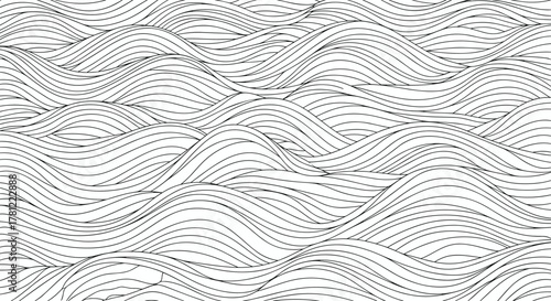 Seamless abstract pattern of hand-drawn wavy, horizontal lines creating a dynamic and flowing texture like ocean waves.