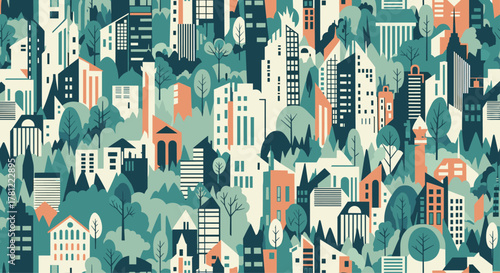Abstract seamless pattern of a dense, stylized cityscape with geometric buildings and trees in a muted, modern color palette.