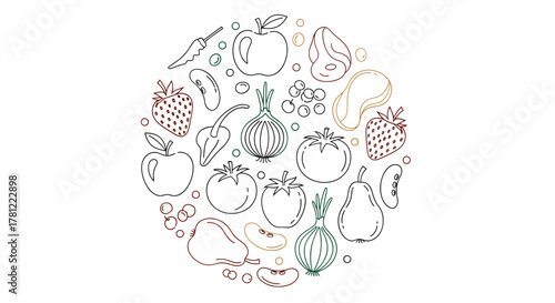 Circular composition of healthy foods, including fruits, vegetables, and beans, in a colorful, modern line art style.