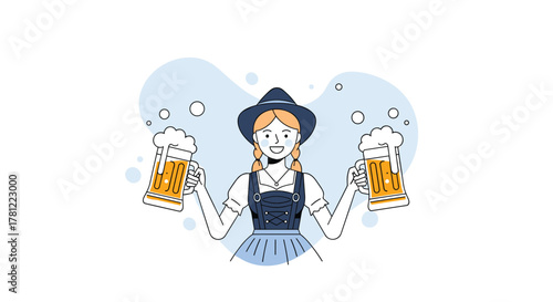 Happy woman in traditional German dirndl dress holding two large mugs of beer, celebrating Oktoberfest festival.