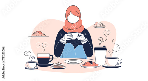 Muslim woman in a hijab enjoying a cozy coffee break with various hot drinks and pastries on a cold winter day.