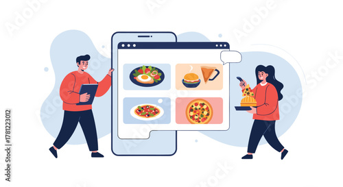 People using a mobile application to order different types of food for delivery from an online restaurant menu.