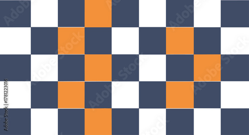 Geometric seamless pattern with a classic checkerboard design in modern colors of navy blue, orange, and white squares.
