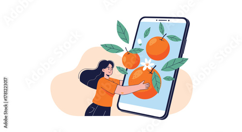 Young woman hugging a large smartphone that displays fresh oranges, symbolizing online grocery shopping for healthy food.