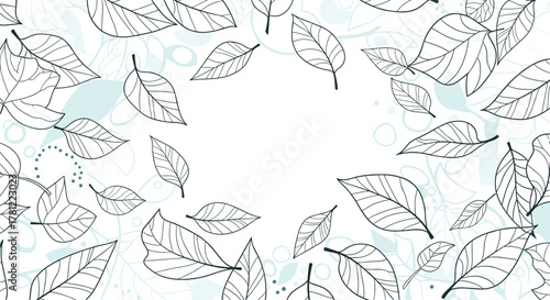 Elegant and dynamic background design with hand-drawn outline leaves flying around a central blank space for text.