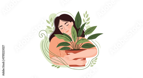 Happy woman with her eyes closed, tenderly hugging a potted houseplant, representing a love for nature and gardening.