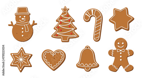 Festive set of classic Christmas gingerbread cookies decorated with white icing, including a snowman, tree, and gingerbread man.