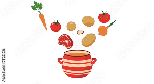 Cooking concept illustration with fresh ingredients like vegetables and meat falling into a large pot to make a hearty soup.