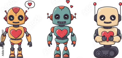 Cartoon robots with hearts, vector emotional technology illustration, friendly AI characters, love and affection concept, cute design, digital companion art
