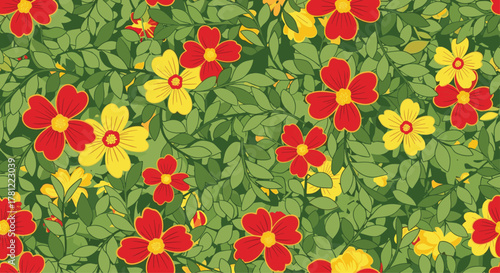 Seamless floral pattern with beautiful red and yellow flowers blooming amongst dense green leaves for a vibrant background.