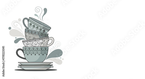 Whimsical illustration of a stack of patterned teacups with steam, representing a cozy tea time or coffee break.