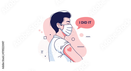 Young man wearing a face mask proudly shows his arm with a heart bandage after getting vaccinated, saying 'I did it'.